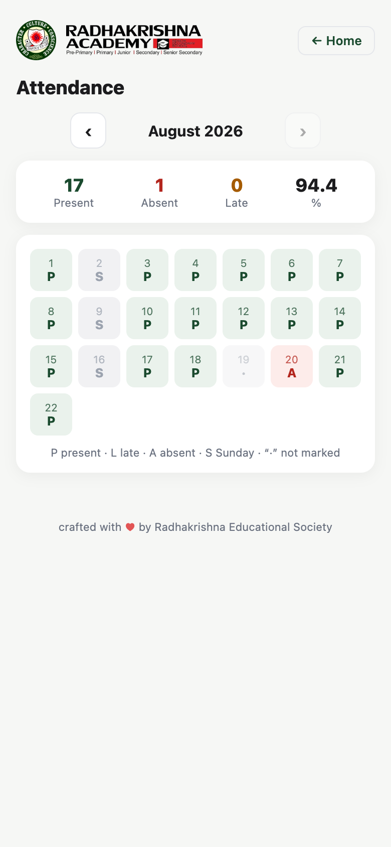 Parent App attendance calendar