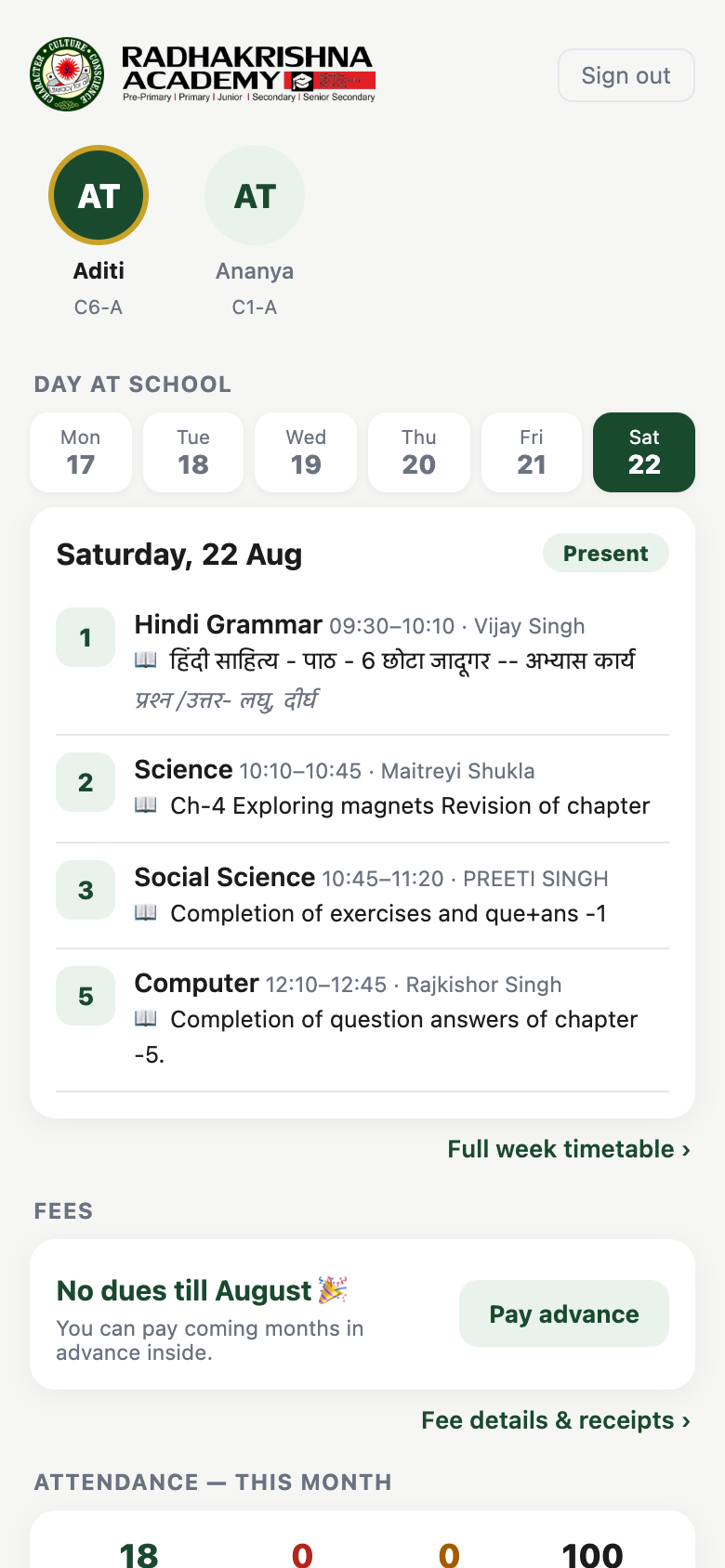 RKA Parent App — day at school