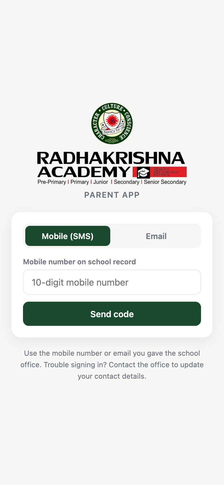 Parent App sign-in screen