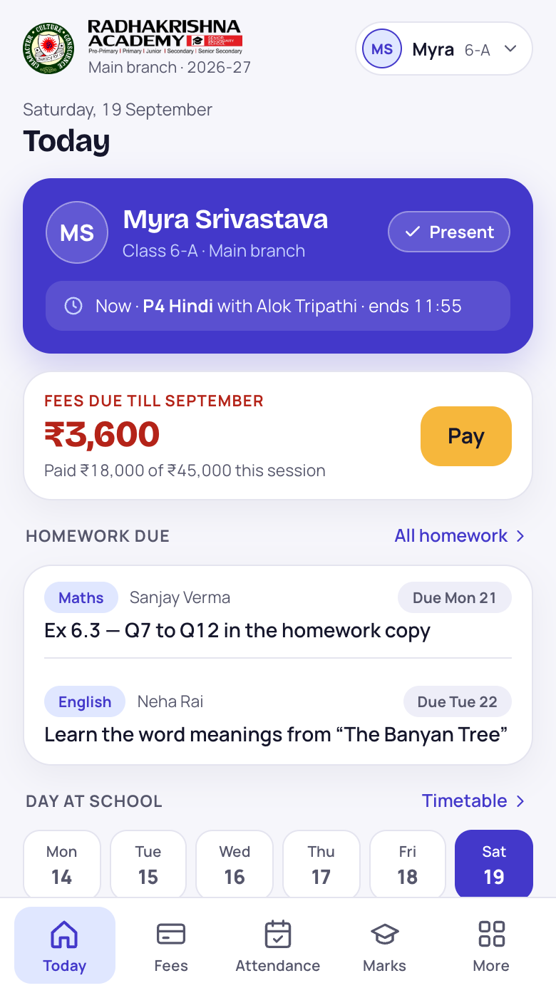 RKA Parent App — Today screen with fees and homework